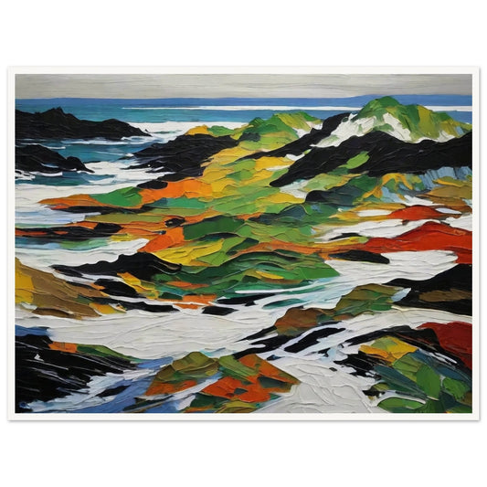 An abstract painting depicting a vibrant coastal landscape. The scene features bold, textured strokes in greens, oranges, yellows, and blacks representing rocky outcrops and vegetation, contrasted with white and blue areas symbolizing the sea and sky.