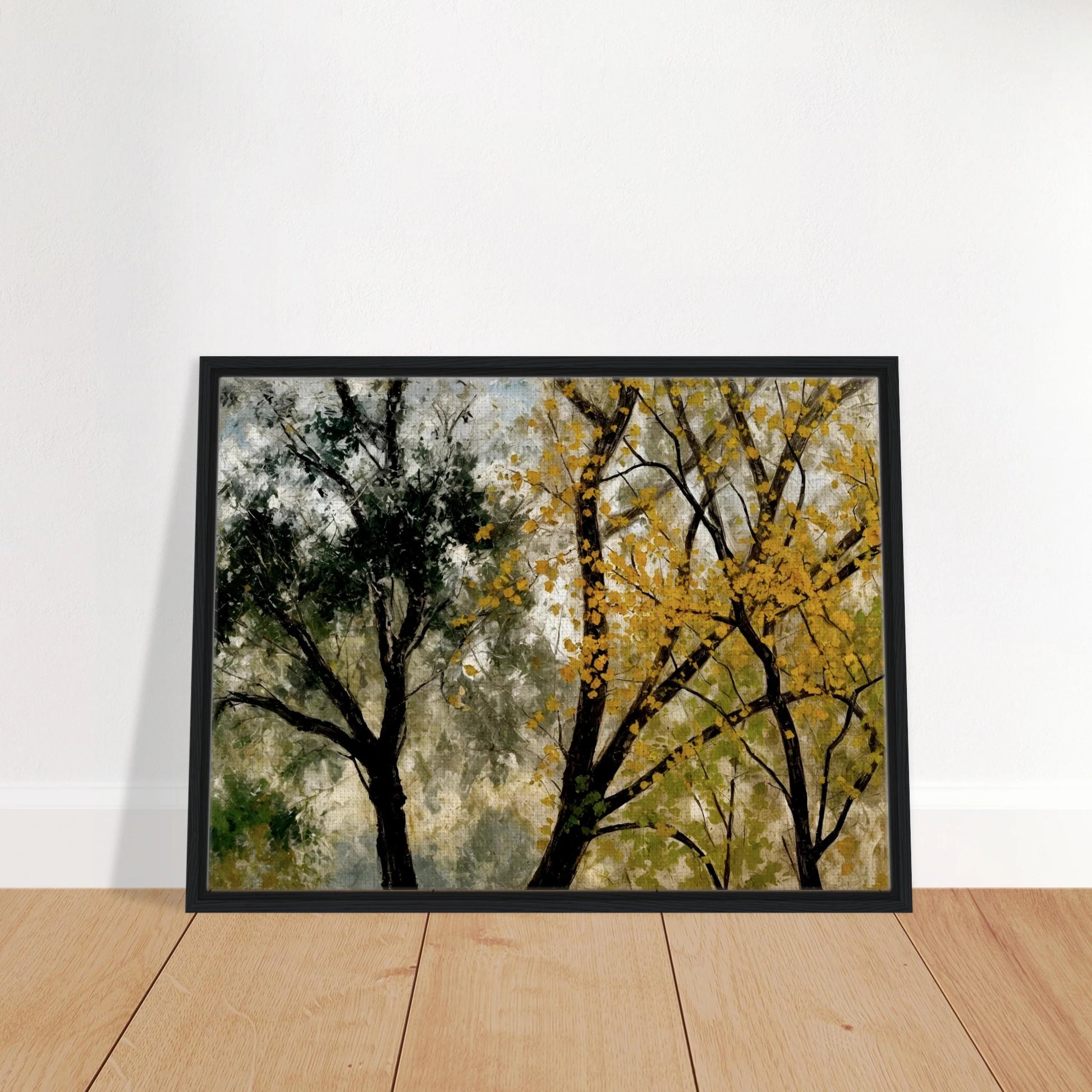 Two tall trees, one with golden yellow leaves and one with dark green foliage, stand against a softly textured sky.