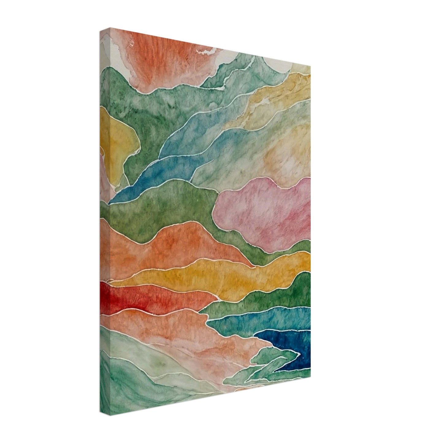 Abstract watercolor painting depicting fluid, layered mountains in a spectrum of colors, creating a sense of natural movement.