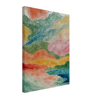 Abstract watercolor painting depicting fluid, layered mountains in a spectrum of colors, creating a sense of natural movement.