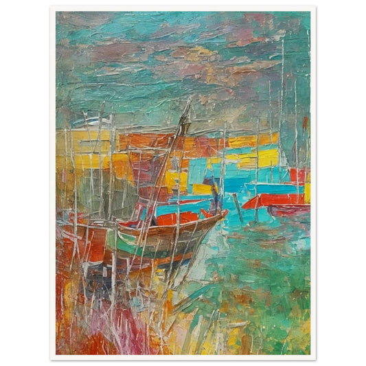 A vibrant, textured painting of boats docked at a harbor, with bold colors of red, blue, and yellow blending into the water and sky, creating a lively and colorful seascape.