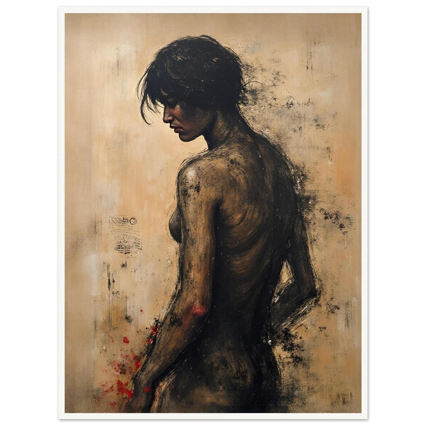 A somber portrait of a woman’s back in earthy tones, her figure turned in quiet reflection against a textured background.