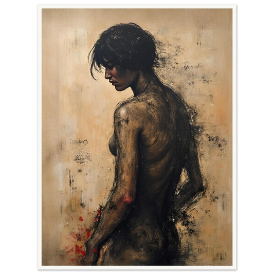 A somber portrait of a woman’s back in earthy tones, her figure turned in quiet reflection against a textured background.