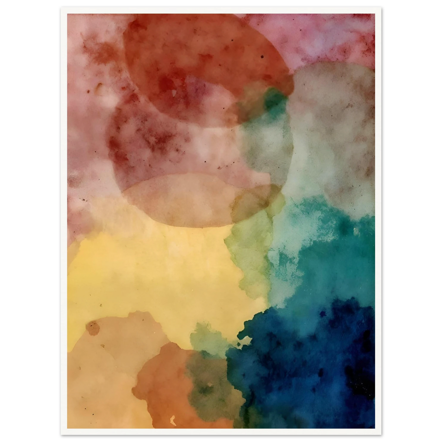 An abstract watercolor composition featuring overlapping translucent shapes in soft pink, yellow, teal, blue, and earth tones, creating a dreamy and atmospheric visual balance.
