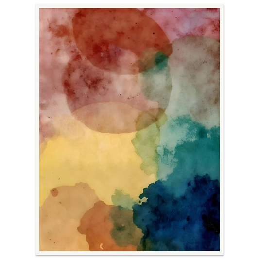An abstract watercolor composition featuring overlapping translucent shapes in soft pink, yellow, teal, blue, and earth tones, creating a dreamy and atmospheric visual balance.
