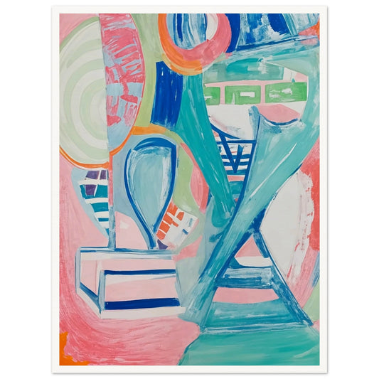 A dynamic interplay of pastel colors and geometric shapes creating a lively abstract composition full of energy and movement.