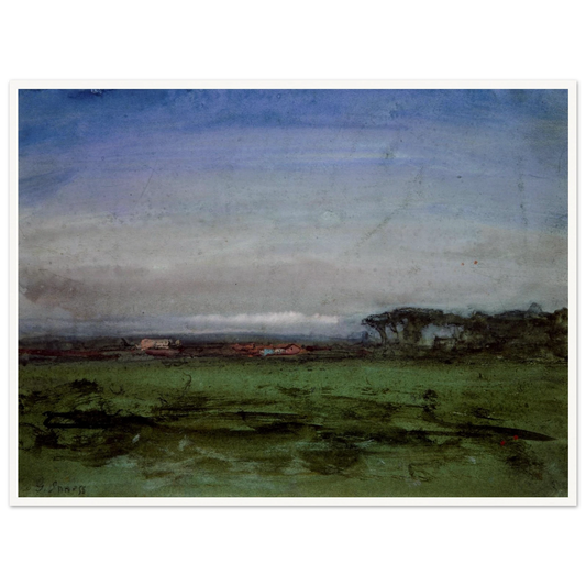 Muted green field and distant trees beneath a vast blue-gray sky in the Roman Campagna