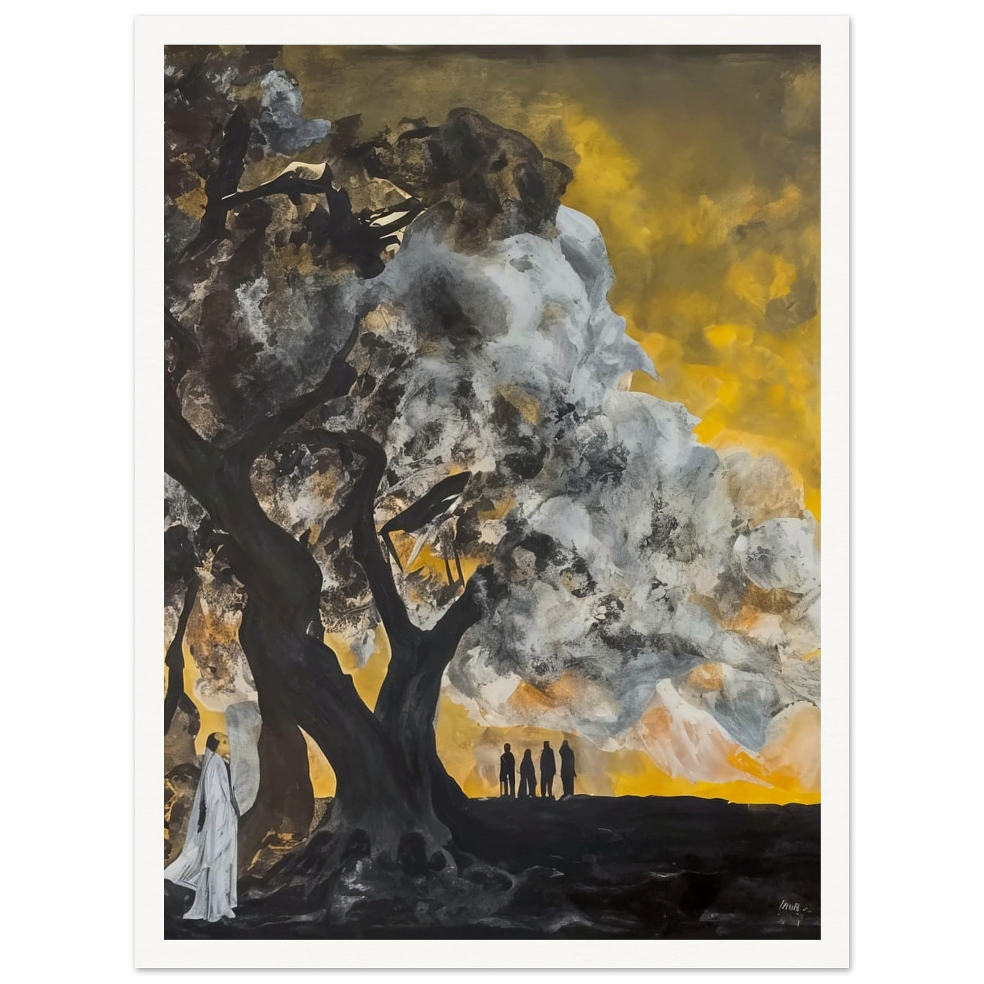 A haunting painting depicting a dramatic scene at dusk, where towering trees with dark, twisted branches are illuminated by a golden sky. Silhouetted figures stand in the background, adding an air of mystery, while a solitary figure in white appears in the foreground, partially hidden by the trees