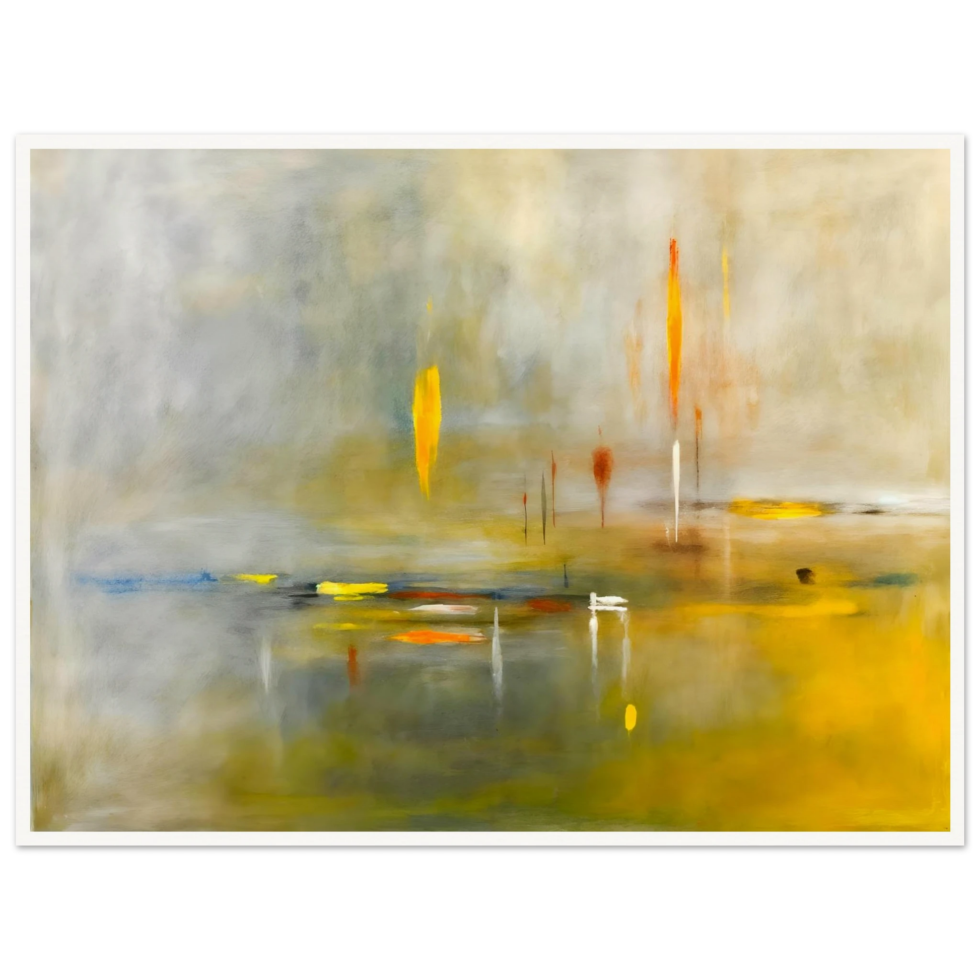 Ethereal waterscape with soft mist, luminous gold reflections, and delicate vertical lights drifting across a tranquil horizon.