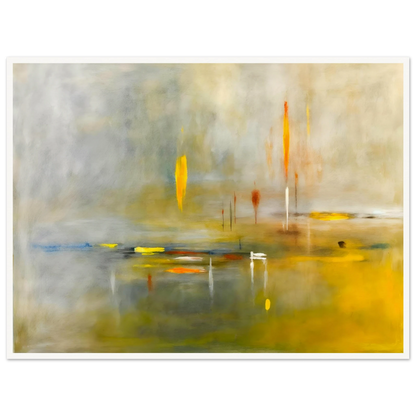 Ethereal waterscape with soft mist, luminous gold reflections, and delicate vertical lights drifting across a tranquil horizon.