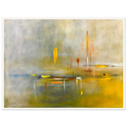 Ethereal waterscape with soft mist, luminous gold reflections, and delicate vertical lights drifting across a tranquil horizon.