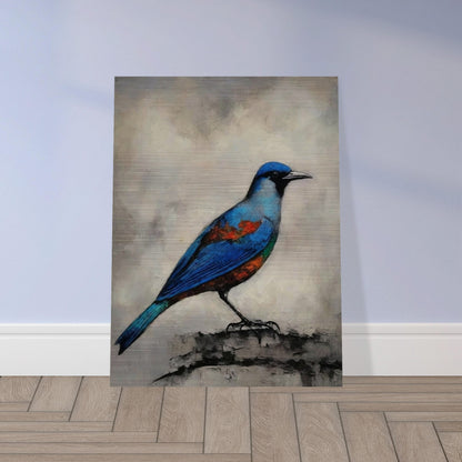 A vibrant painting of a blue bird with orange and green accents perched on a textured surface, set against a neutral background.