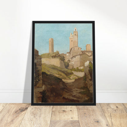 Medieval towers rise above San Gimignano’s sunlit hill town and rough path under a pale blue sky.