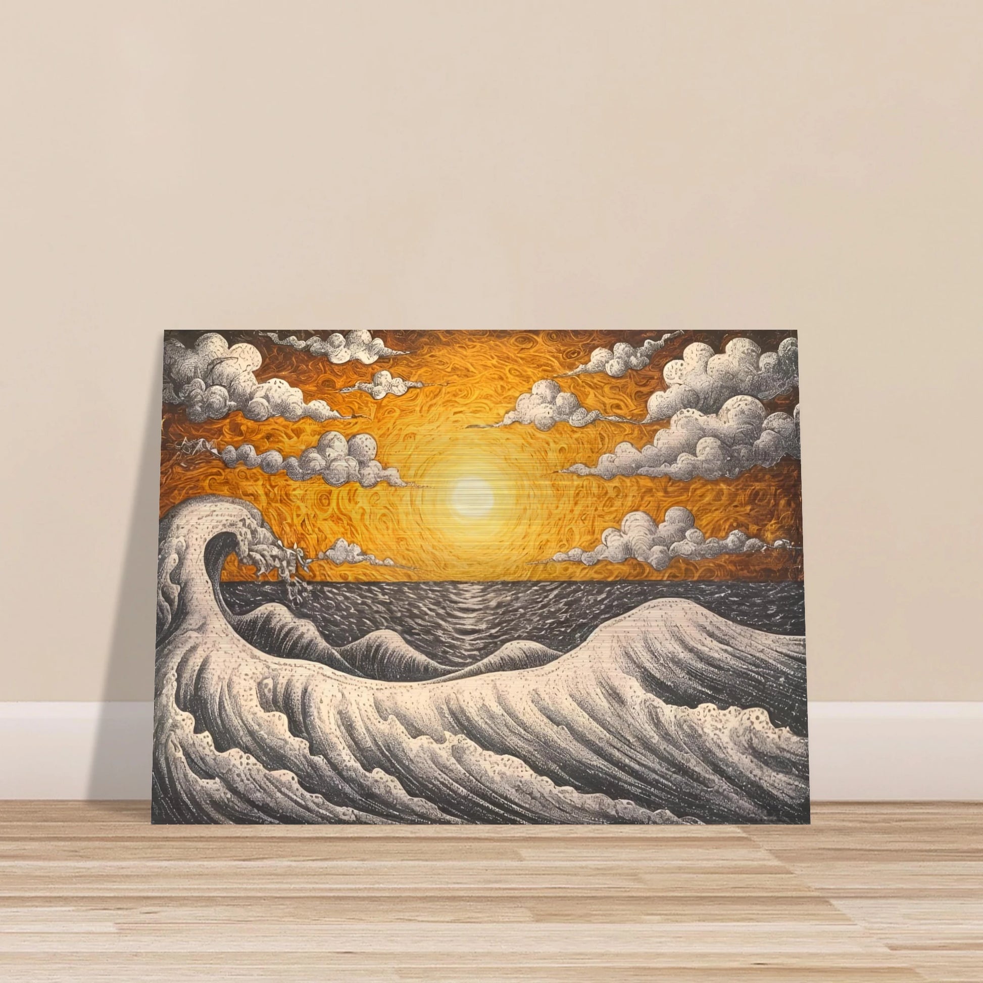 Fiery orange sunset over turbulent black-and-white waves with swirling clouds in a textured seascape.