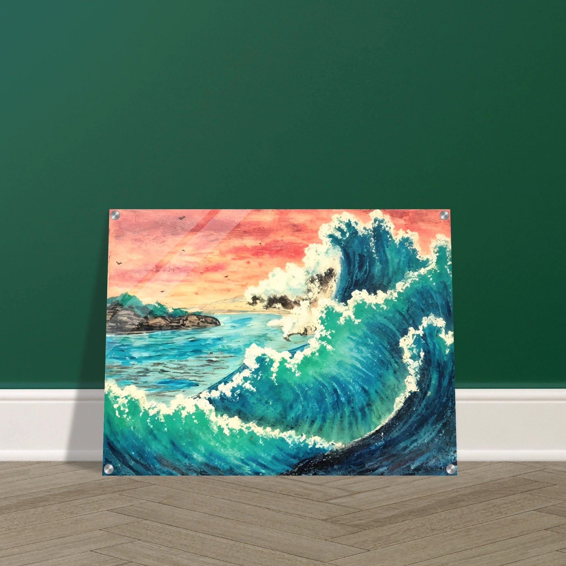 Towering ocean wave crashes under a fiery sunset sky, with distant cliffs and birds in view.