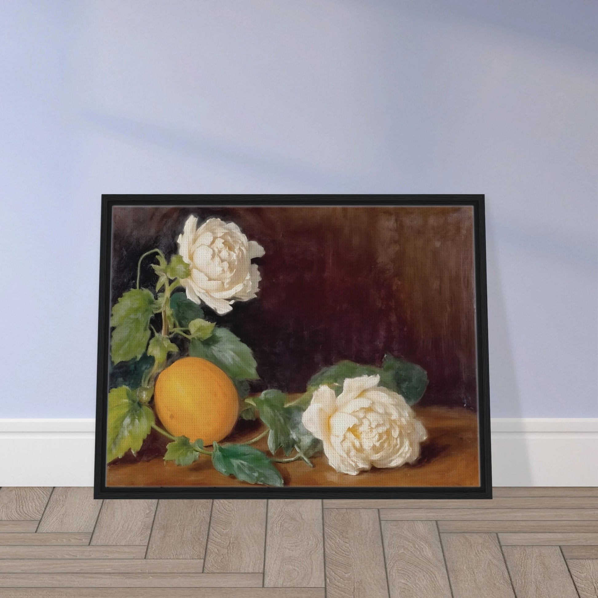 Cream roses and a golden lemon rest among lush green leaves against a rich dark backdrop with timeless elegance.