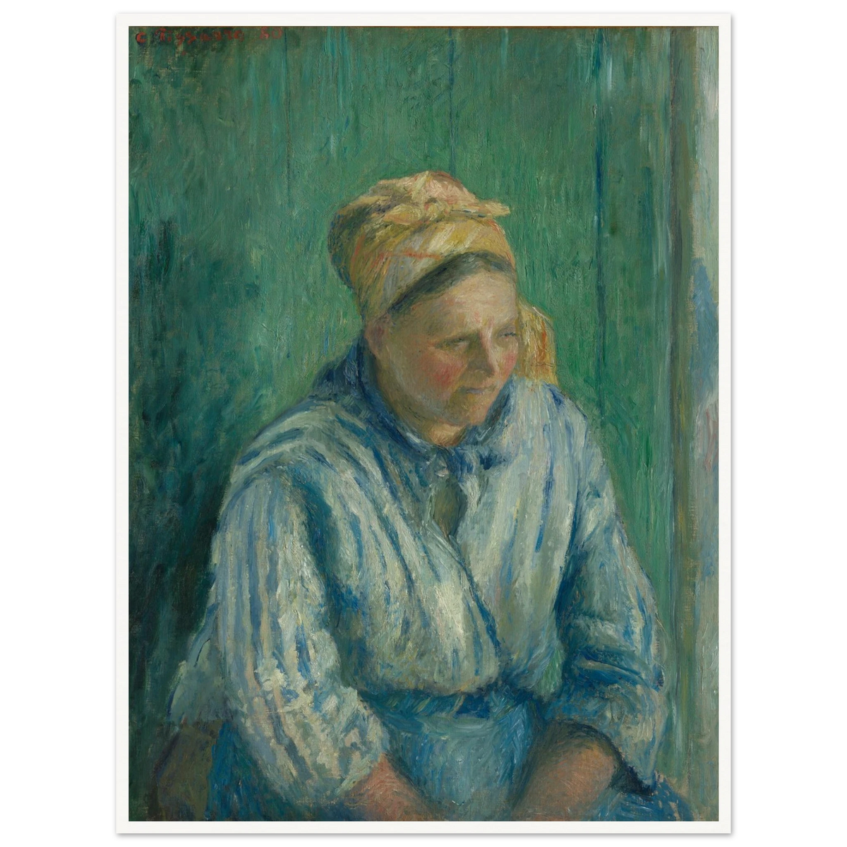 A seated washerwoman in a striped blue blouse and headscarf rests against a deep green background.