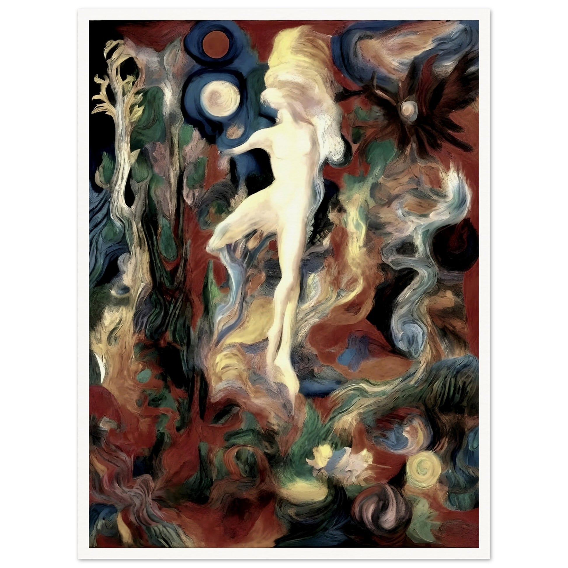 A surreal painting of a glowing figure dancing amidst swirling, vibrant colors and cosmic shapes, evoking a dreamlike atmosphere.