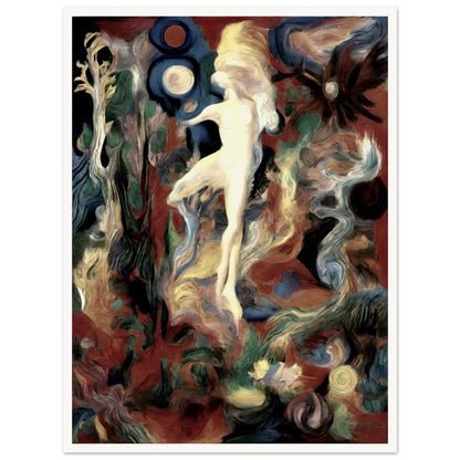 A surreal painting of a glowing figure dancing amidst swirling, vibrant colors and cosmic shapes, evoking a dreamlike atmosphere.