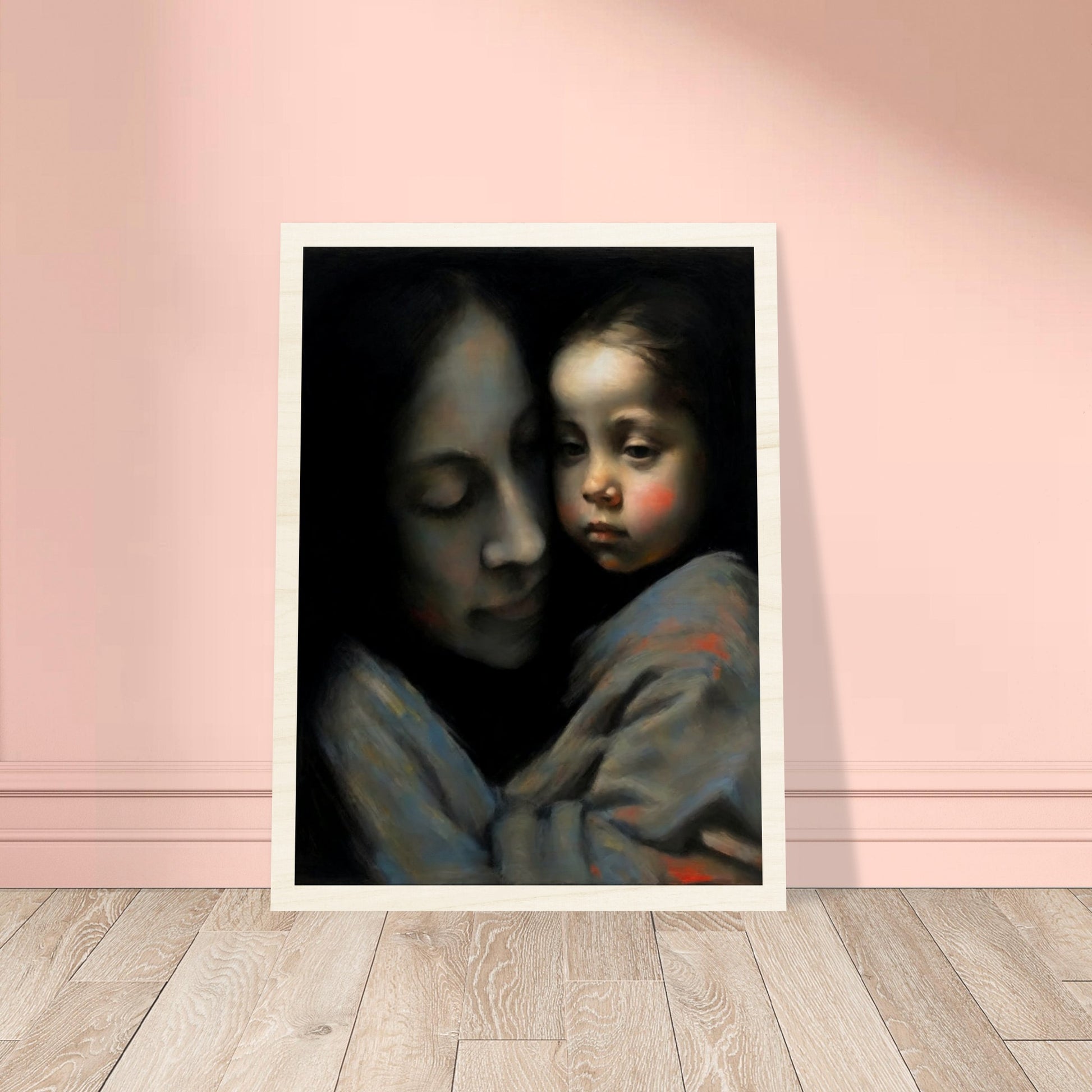 An evocative painting of a mother tenderly holding her child, both faces expressing deep affection and serenity.