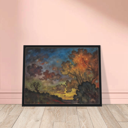 Fiery autumn trees glow beneath a deep blue sky as dark clouds drift across a fading landscape.