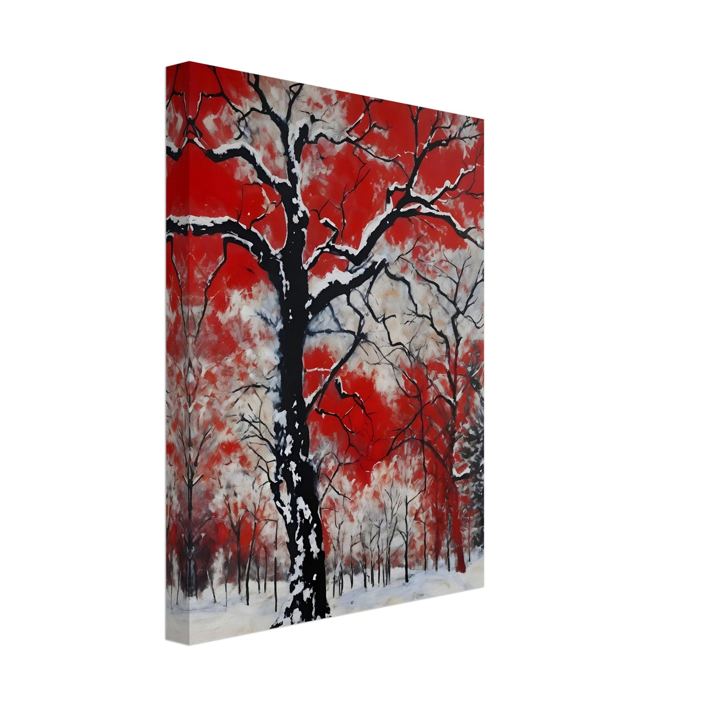 Snow-draped black tree branches standing stark against a vivid red and white sky, evoking a fiery yet wintry contrast.