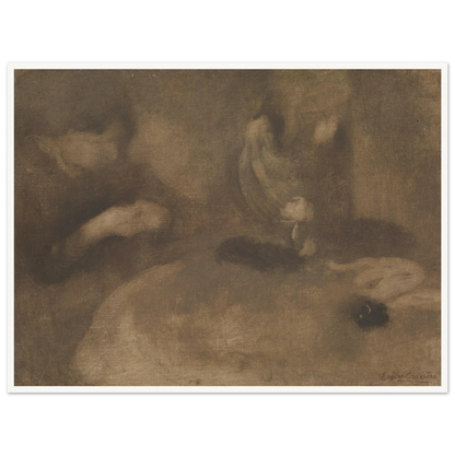Hazy brown-toned scene of women sewing and winding yarn at a table