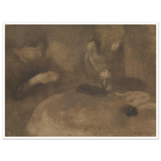 Hazy brown-toned scene of women sewing and winding yarn at a table