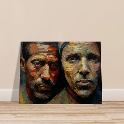 A powerful oil painting of two men with expressive, textured faces, capturing emotions and depth through vibrant brushstrokes.