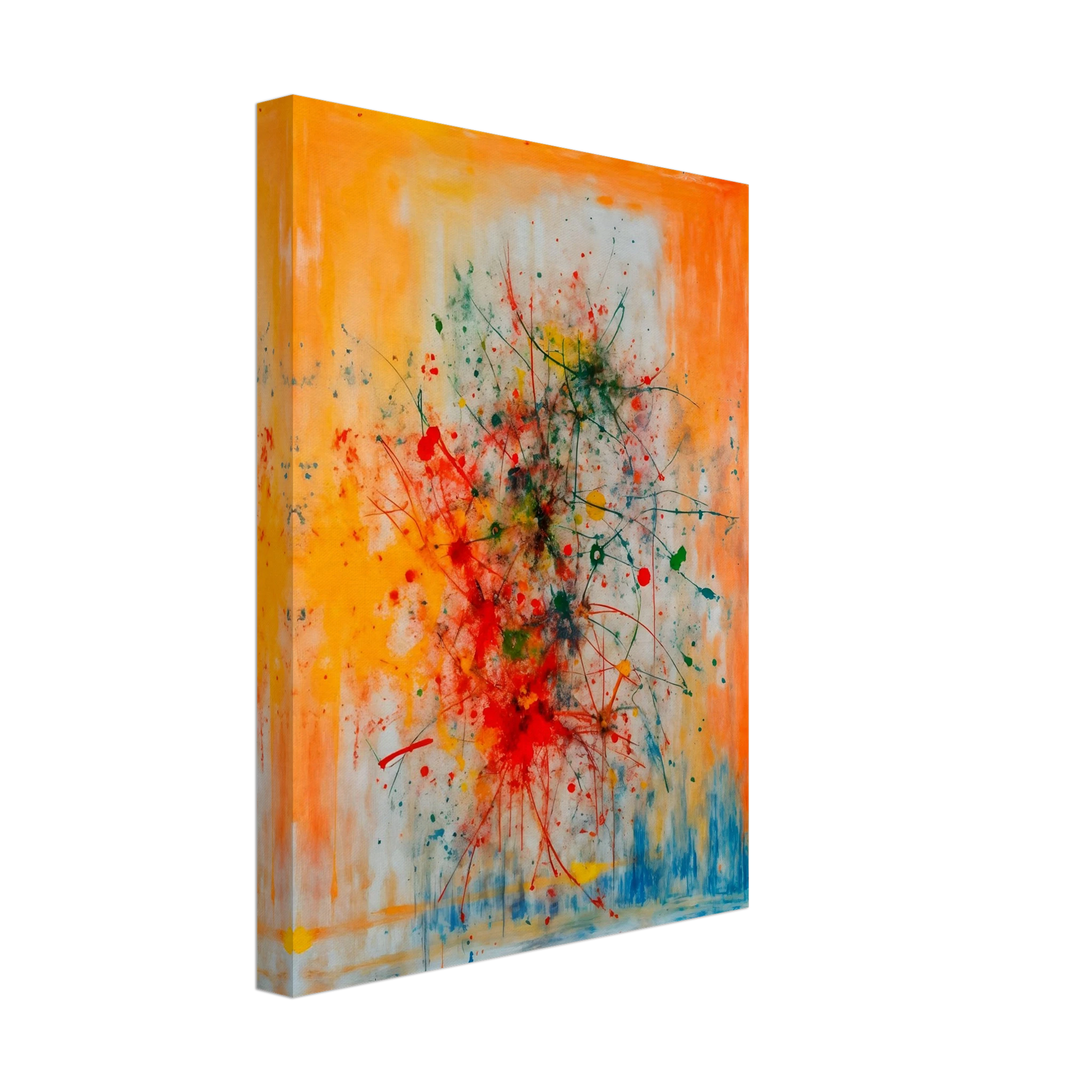 Vivid splashes of red, yellow, blue, and green burst across an orange canvas, evoking movement, chaos, and creative energy.