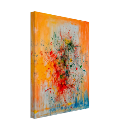 Vivid splashes of red, yellow, blue, and green burst across an orange canvas, evoking movement, chaos, and creative energy.