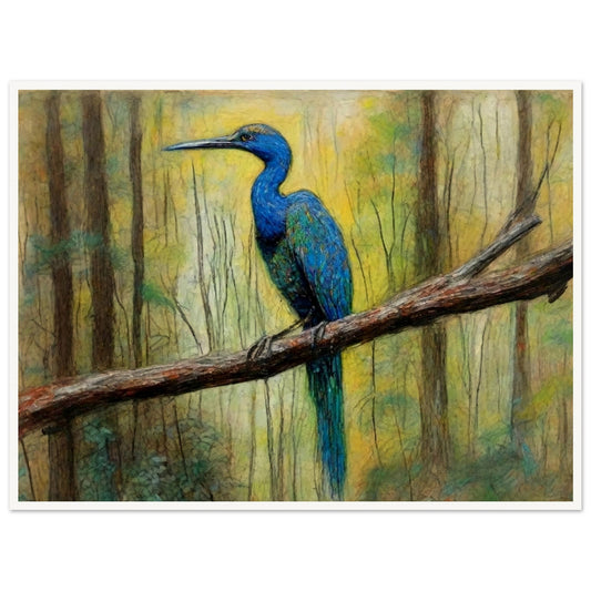 "A detailed painting of a vibrant blue bird perched on a tree branch in a forest, surrounded by soft, natural light filtering through the trees."