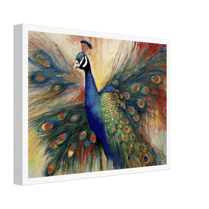 "A stunning painting of a vibrant peacock with its colorful feathers fully fanned out, showcasing rich blues, greens, and intricate eye-like patterns."