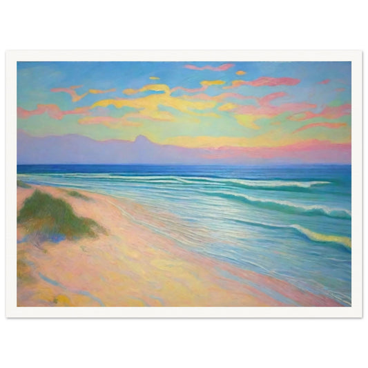 "A serene beach scene with pastel-colored clouds in the sky, gentle waves, and soft sandy shores, creating a peaceful atmosphere."