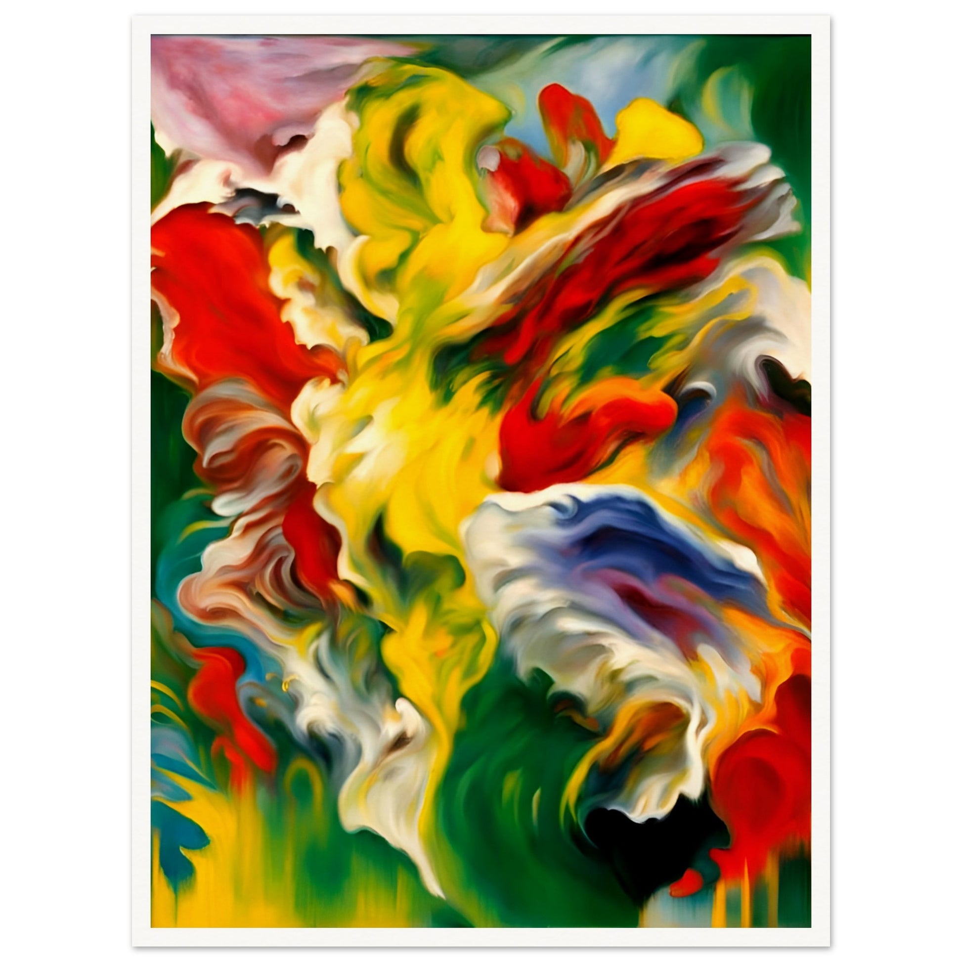 A mesmerizing painting with swirling strokes of red, yellow, green, and blue, evoking the energy of nature’s raw and vibrant essence.