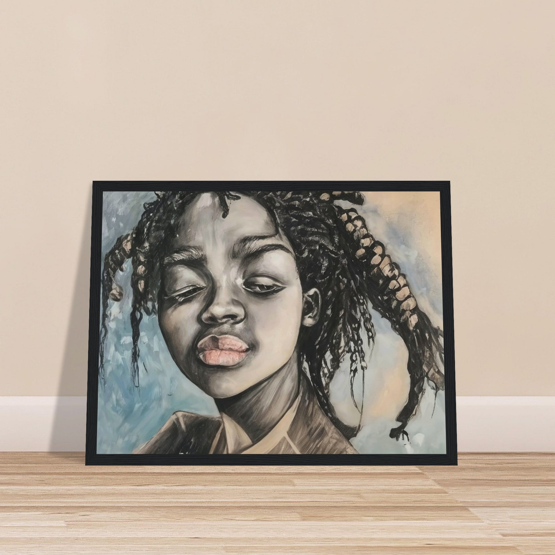 A powerful portrait painting of a young girl with braided hair. The artwork focuses on her expressive face, capturing a moment of contemplation or reflection. The use of monochromatic tones emphasizes the depth and emotion in her features, while subtle hints of color highlight her lips and the background, adding contrast and dimension.