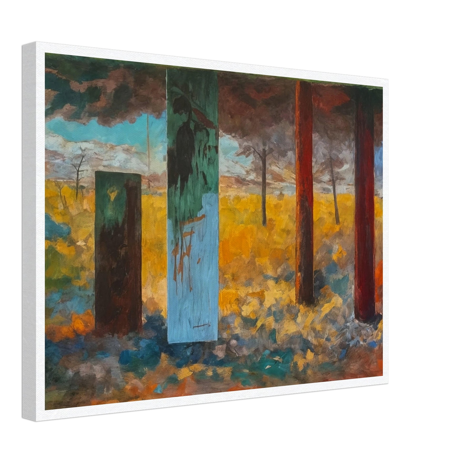 An abstract landscape painting featuring colorful vertical pillars against a backdrop of a vibrant field and dramatic sky.