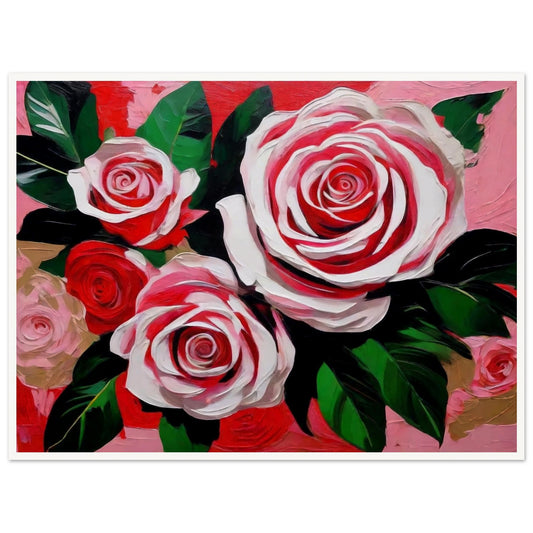  A vibrant painting of large red and white roses with green leaves set against a pink background.