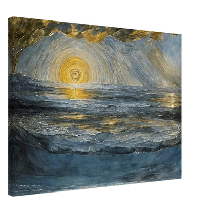 A stunning seascape painting with a radiant golden sun reflecting on the rippling waves, surrounded by dramatic clouds and cool blue tones.