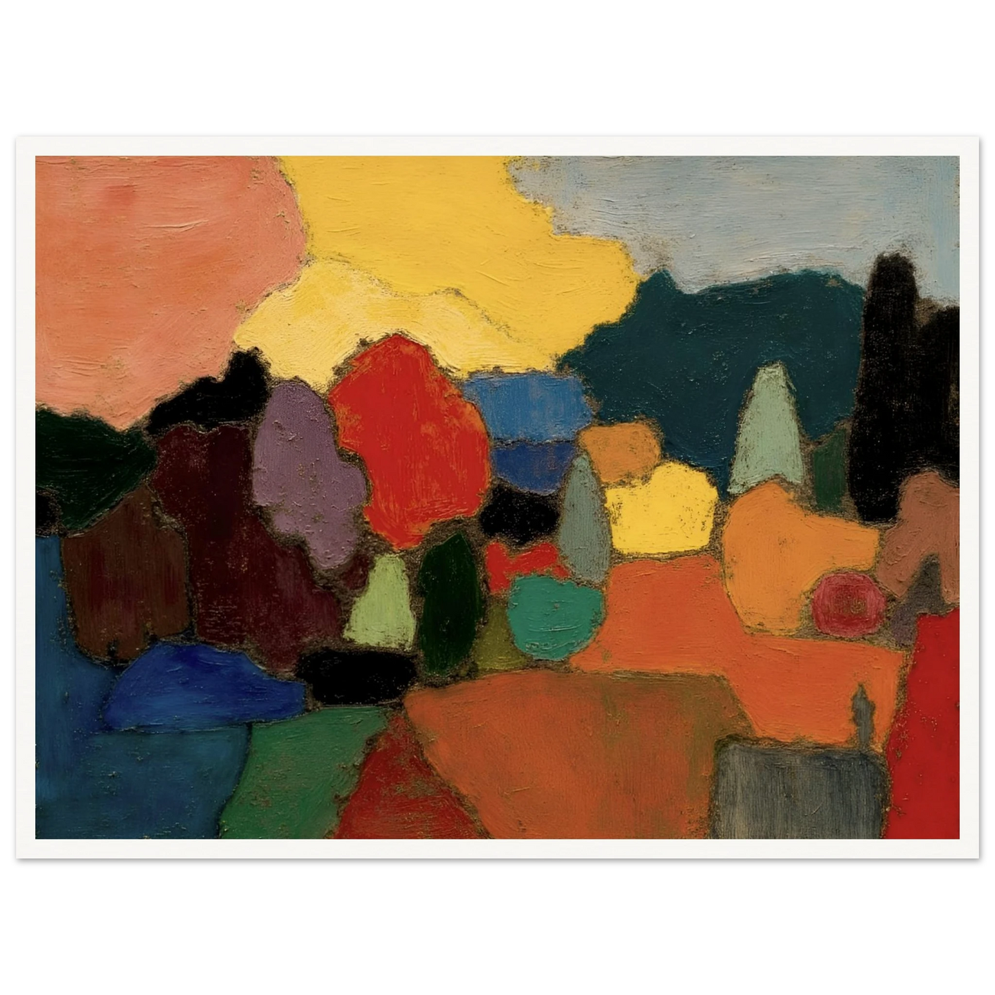 Colorful trees and fields gather beneath a glowing sky, blending rich reds, blues, and golds into a serene landscape.