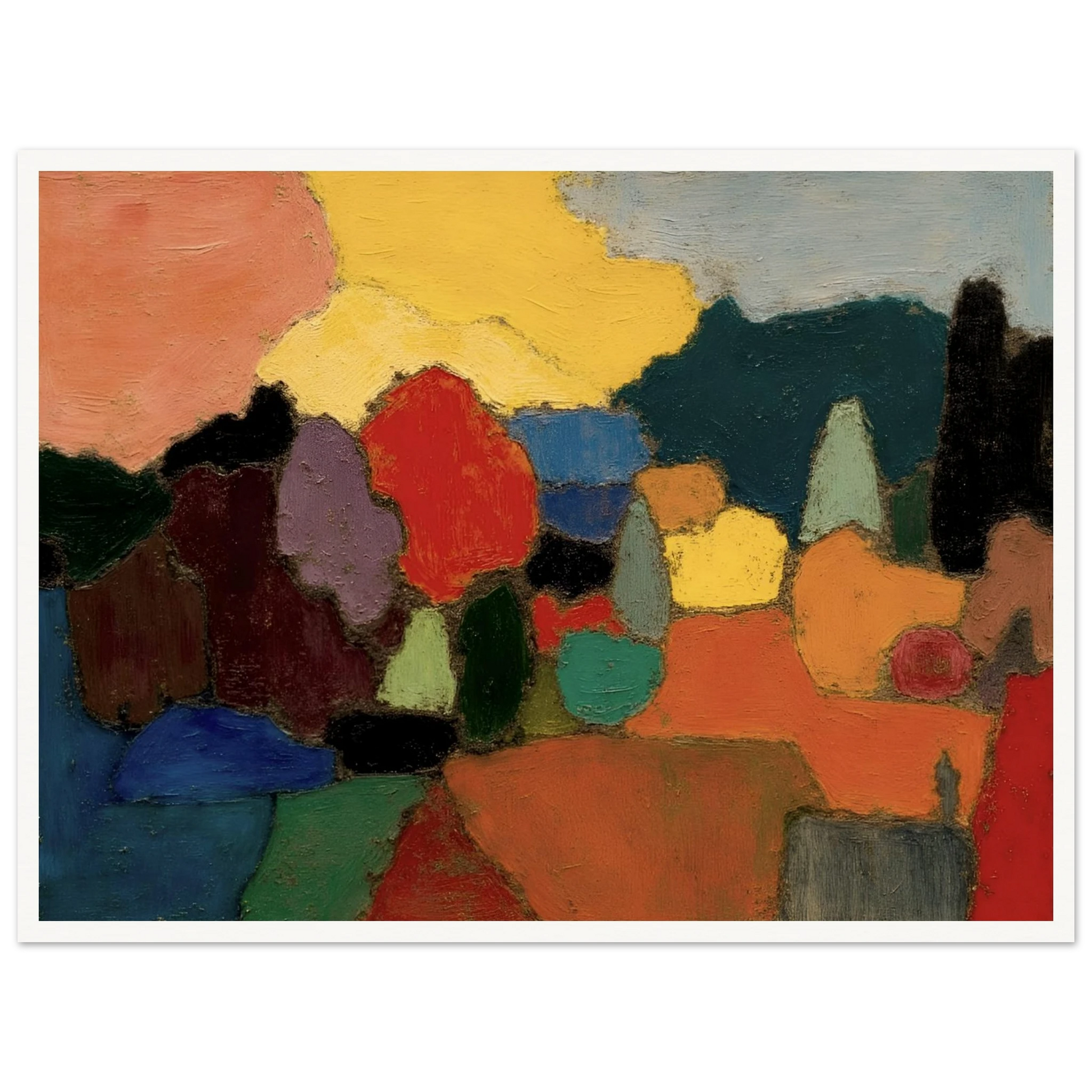 Colorful trees and fields gather beneath a glowing sky, blending rich reds, blues, and golds into a serene landscape.