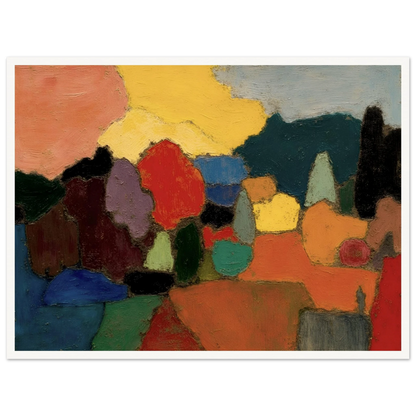 Colorful trees and fields gather beneath a glowing sky, blending rich reds, blues, and golds into a serene landscape.