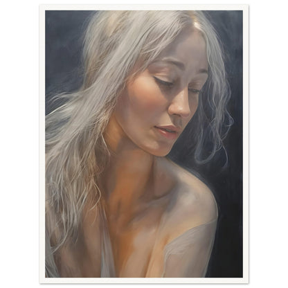 A delicate portrait of a woman with flowing silver hair, softly illuminated against a dark background, her eyes gently lowered in serene contemplation.