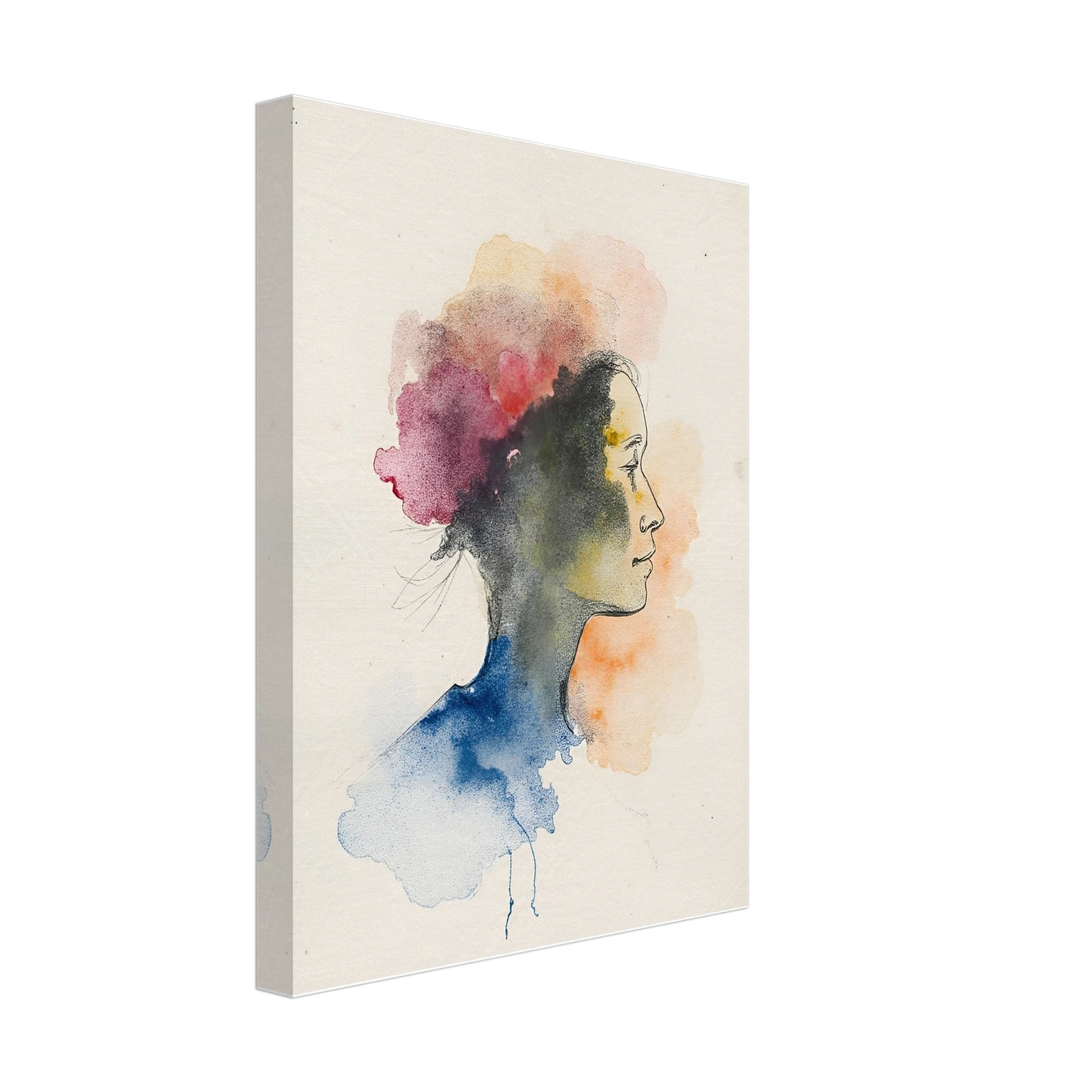 Side profile of a woman formed by delicate watercolor clouds in blue, pink, and orange, merging softly on cream paper.