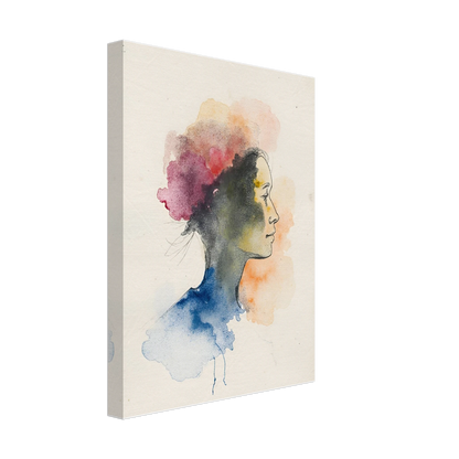 Side profile of a woman formed by delicate watercolor clouds in blue, pink, and orange, merging softly on cream paper.