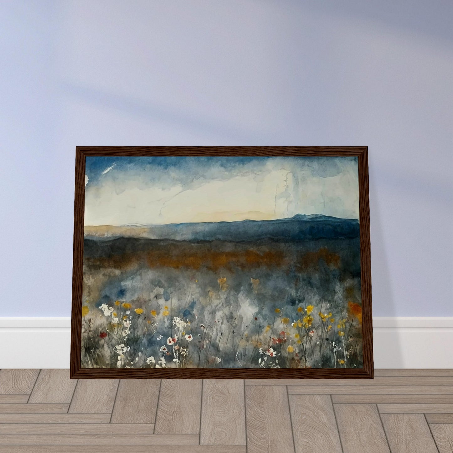 A painting of a misty meadow with wildflowers in the foreground and distant mountains under a cloudy sky.