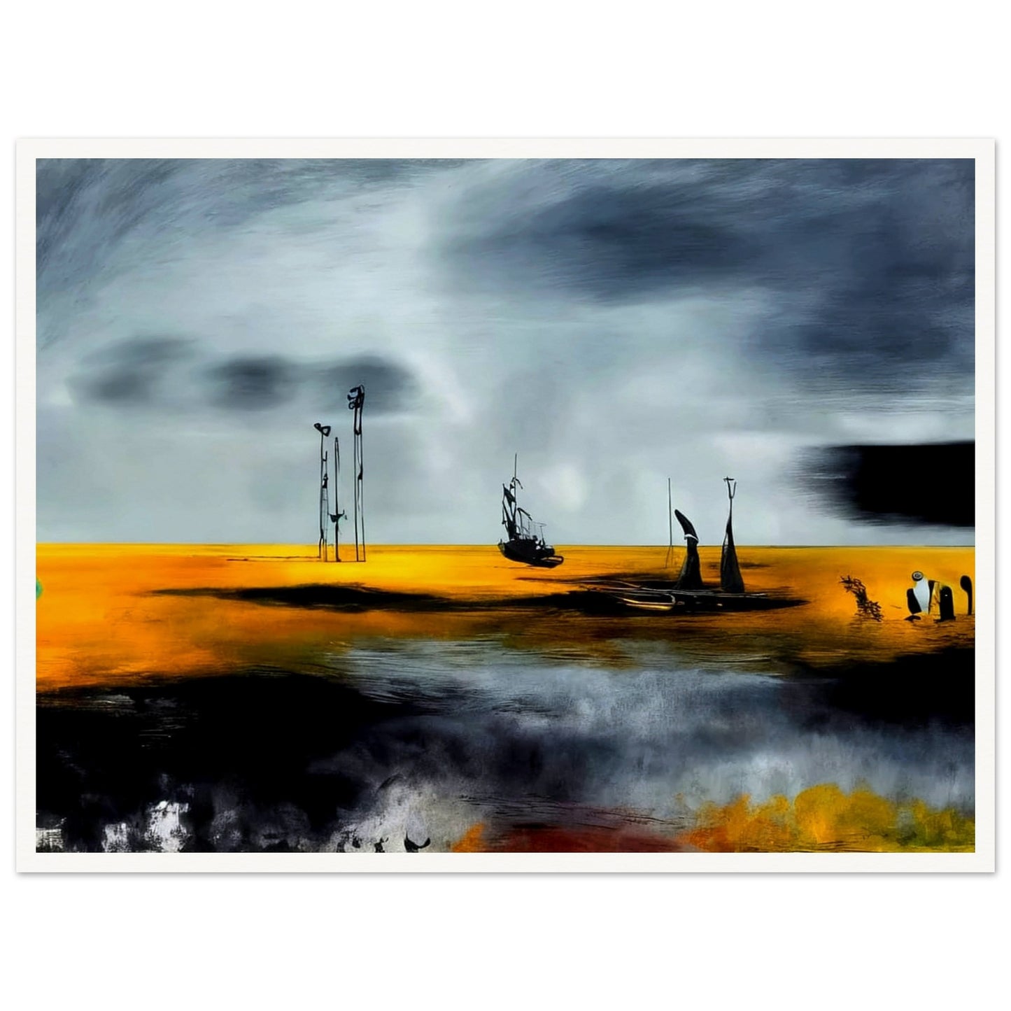 Surreal painting of a golden seascape with dark, dramatic clouds, featuring boats and abstract structures against a vivid sky.