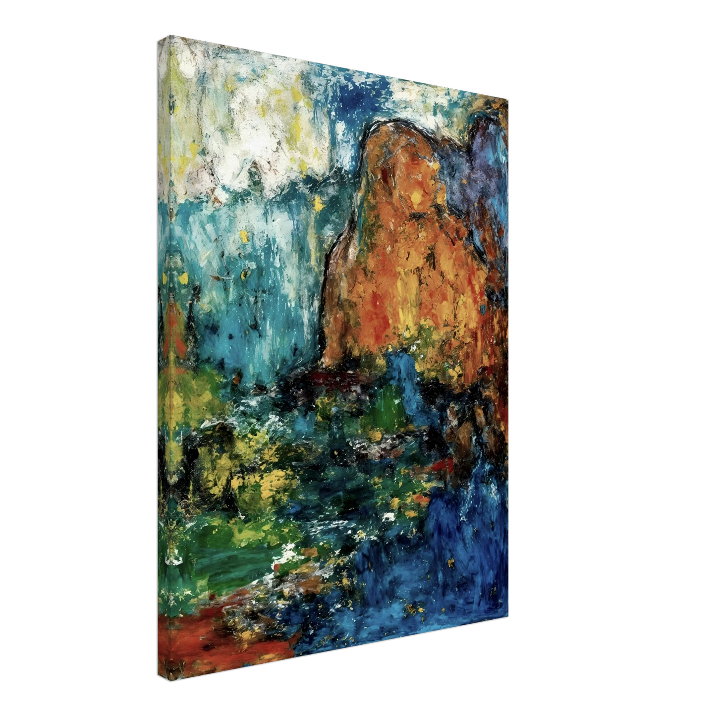 Blue falls and green pools flow between ochre cliffs and dark rocks in a textured landscape.