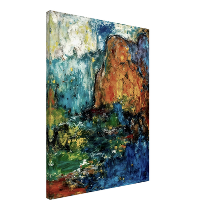 Blue falls and green pools flow between ochre cliffs and dark rocks in a textured landscape.