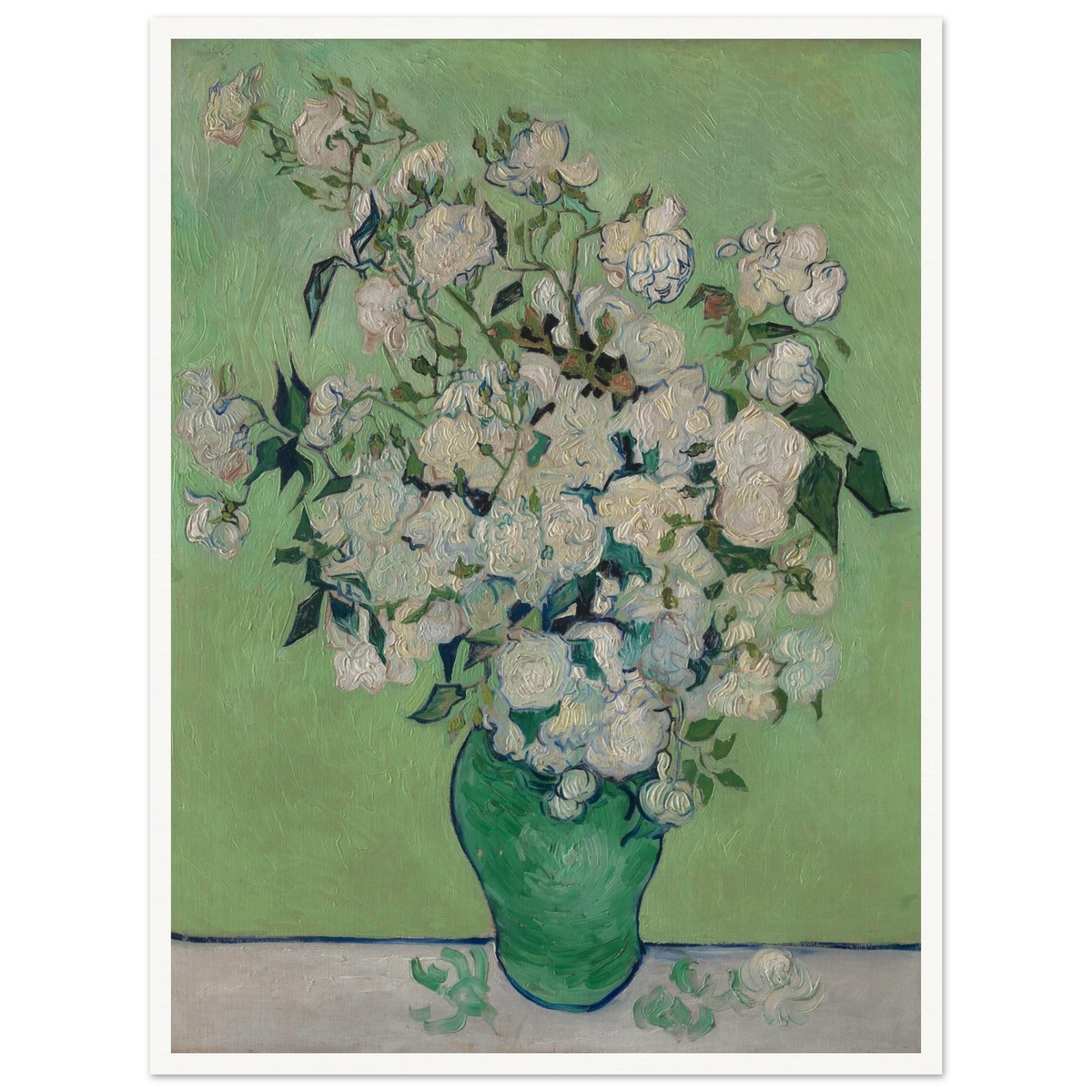 White roses bloom in a green vase against a pale green background with thick brushwork.